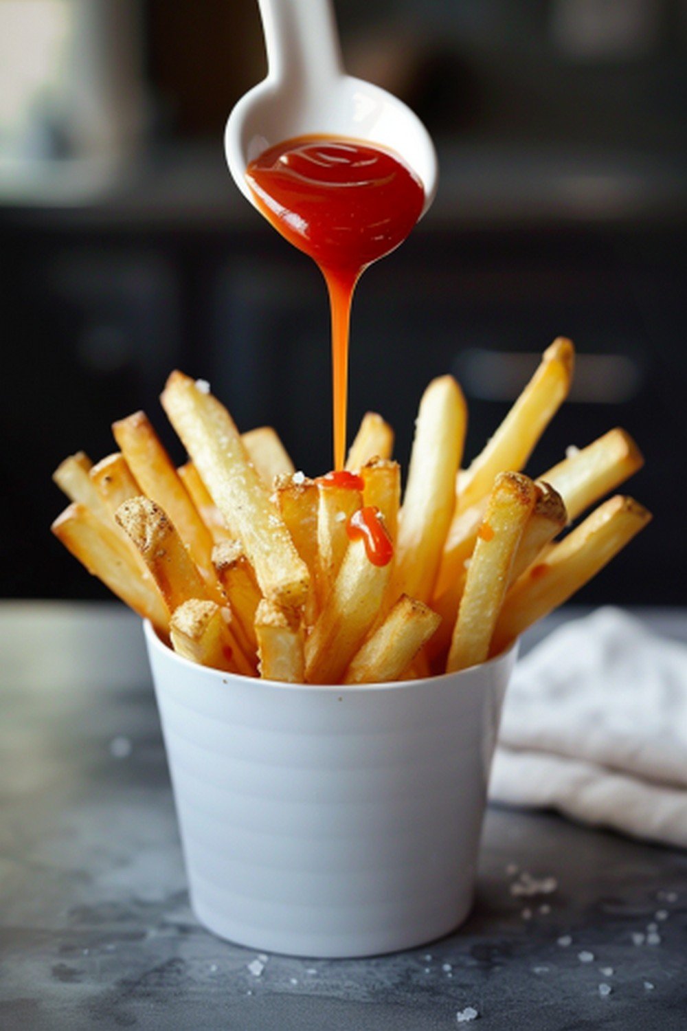 Ketchup drizzling from a spoon onto golden crispy french fries piled in a white cup
