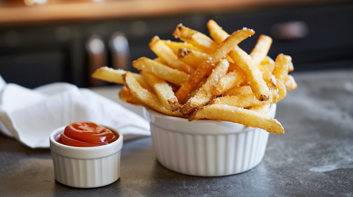 Golden crispy McDonald's french fries in a white ramekin with ketchup on a concrete countertop
