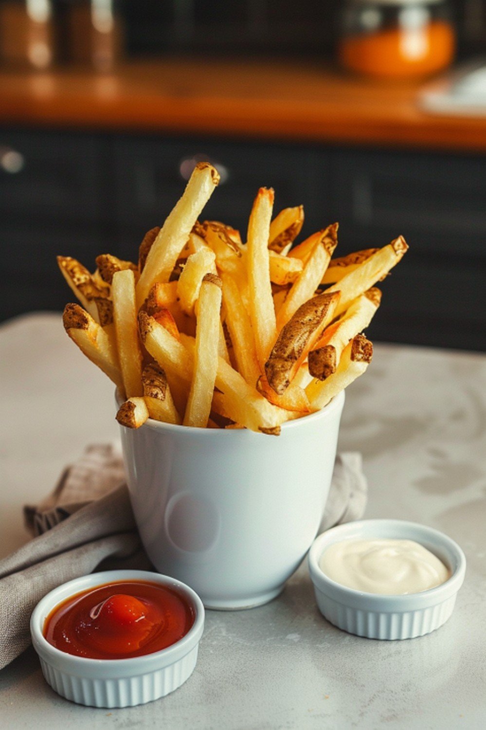 Casual fry night with golden french fries, ketchup ramekin and mayo on a stone counter
