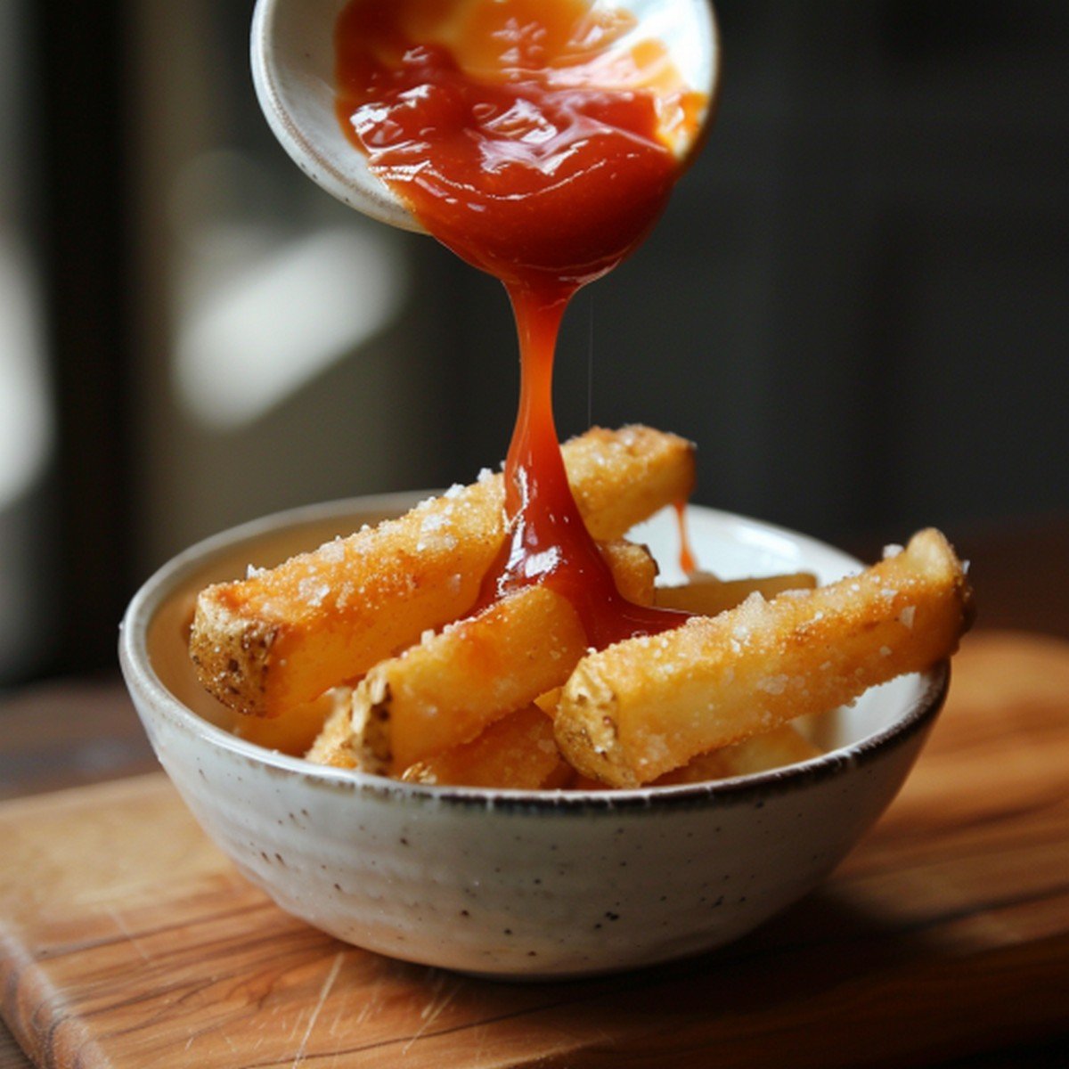 Close-up of a crispy french fry being lifted with ketchup dripping back into a bowl
