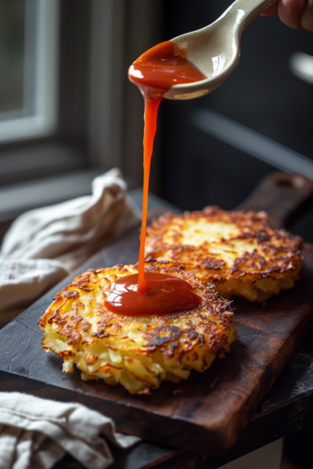 Ketchup drizzling from a spoon onto two golden crispy hash brown patties

