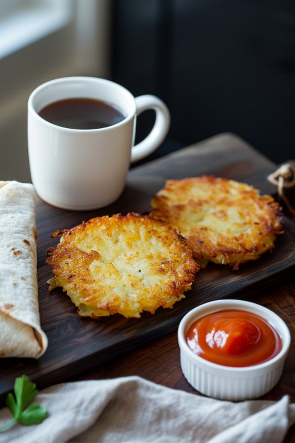 Saturday morning breakfast scene with hash browns, ketchup, breakfast burrito and coffee
