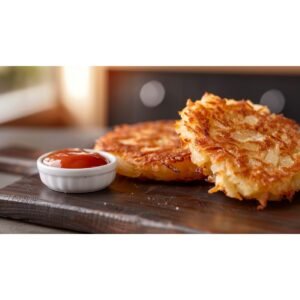 Two golden crispy hash brown patties on a wooden board with ketchup ramekin