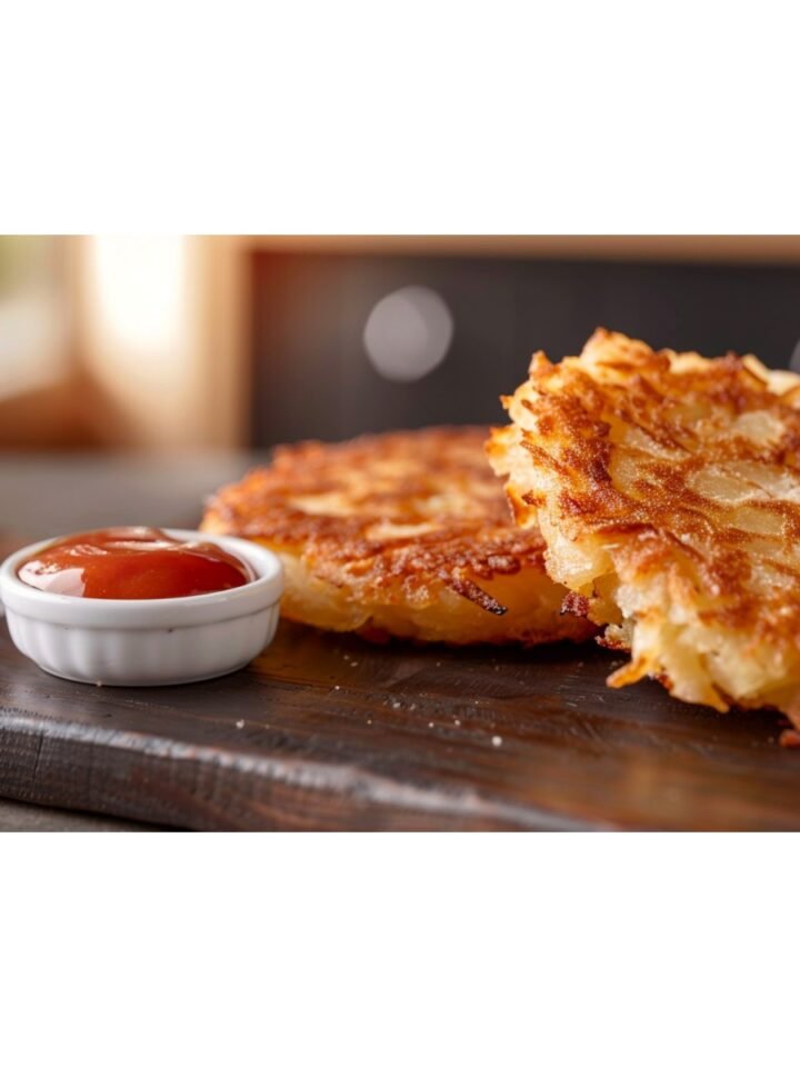 Two golden crispy hash brown patties on a wooden board with ketchup ramekin