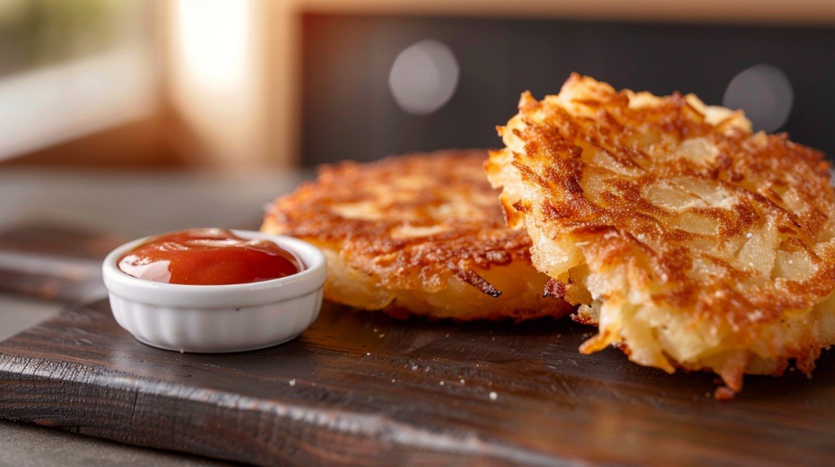 Two golden crispy hash brown patties on a wooden board with ketchup ramekin

