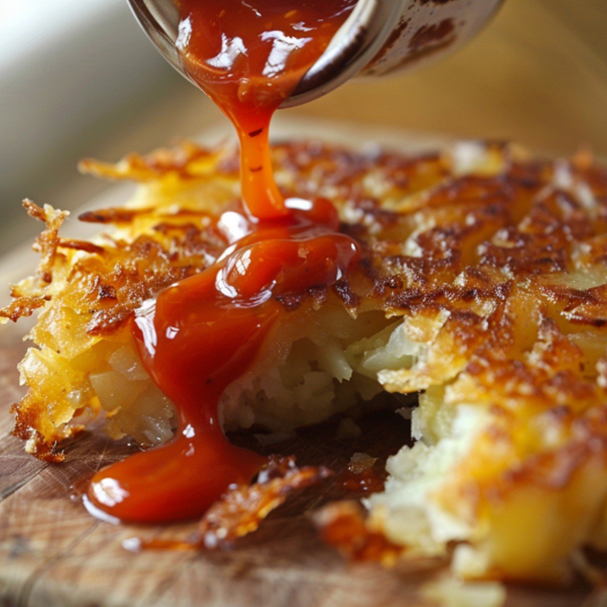 Close-up of a hash brown broken open showing fluffy potato interior and crispy crust
