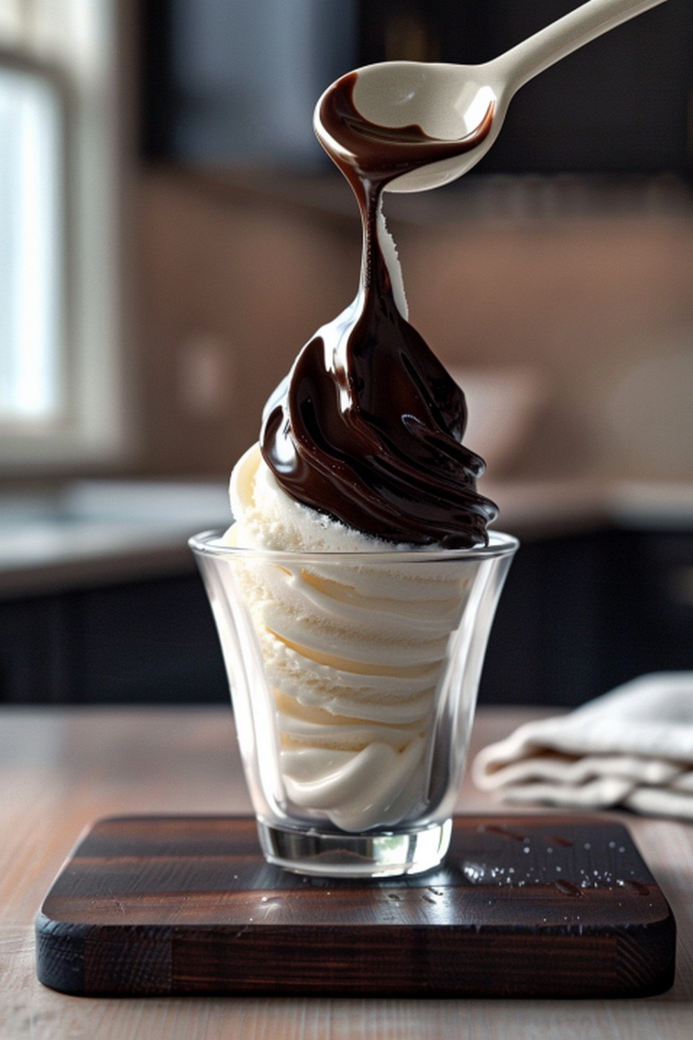 Chocolate sauce drizzling from a spoon onto a tall vanilla soft serve swirl in a glass cup
