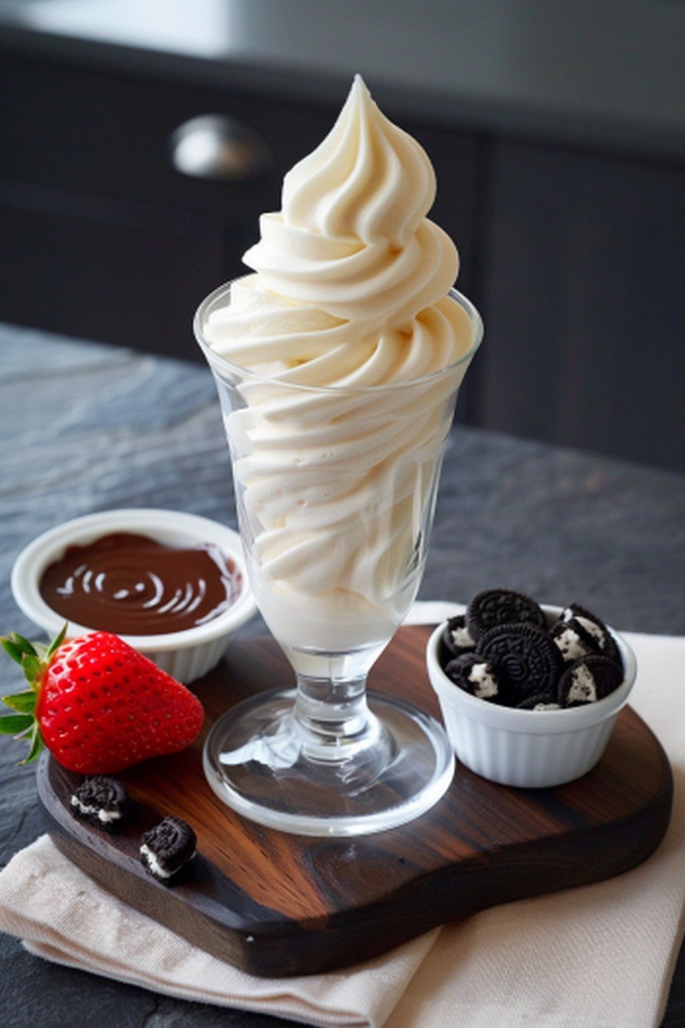 Summer evening dessert with vanilla soft serve, crushed Oreos, chocolate sauce and strawberry
