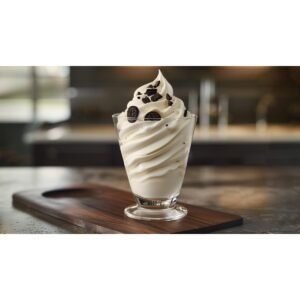 Tall swirl of creamy vanilla soft serve in a glass cup with crushed Oreo cookies on top