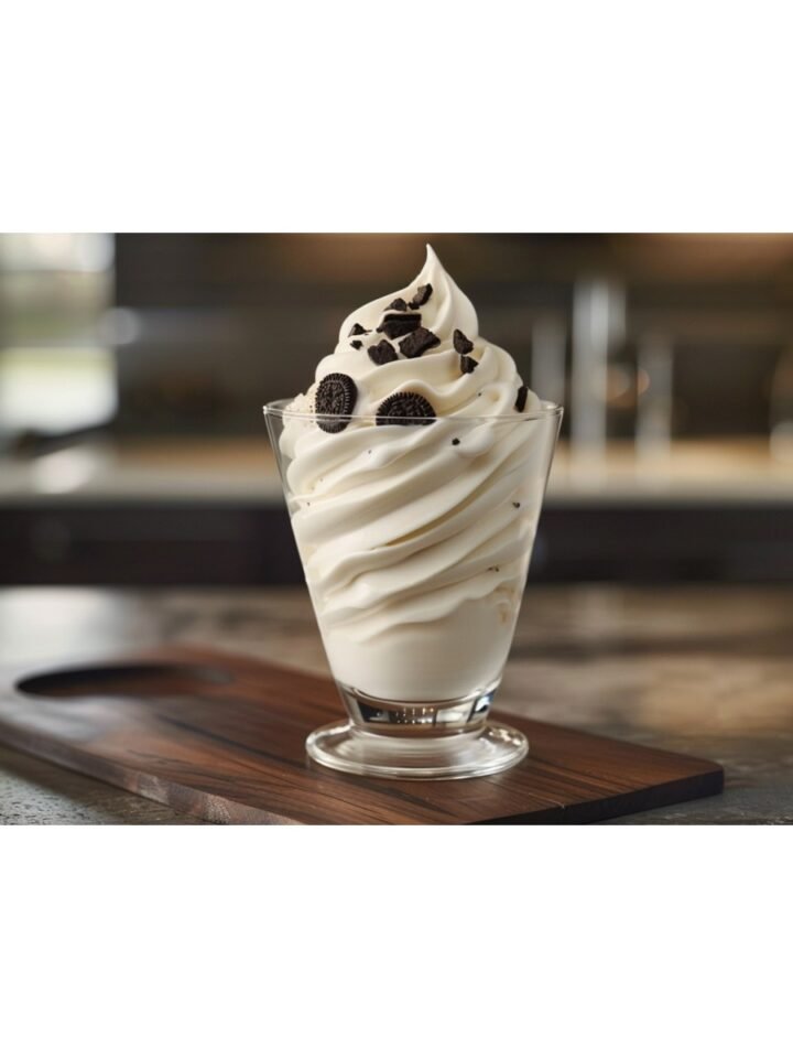 Tall swirl of creamy vanilla soft serve in a glass cup with crushed Oreo cookies on top