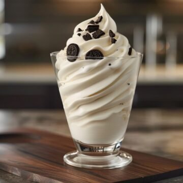 Tall swirl of creamy vanilla soft serve in a glass cup with crushed Oreo cookies on top