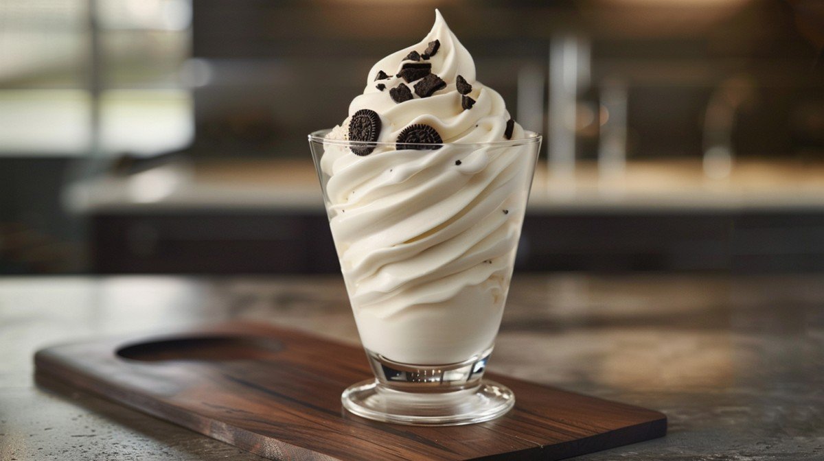 Tall swirl of creamy vanilla soft serve in a glass cup with crushed Oreo cookies on top

