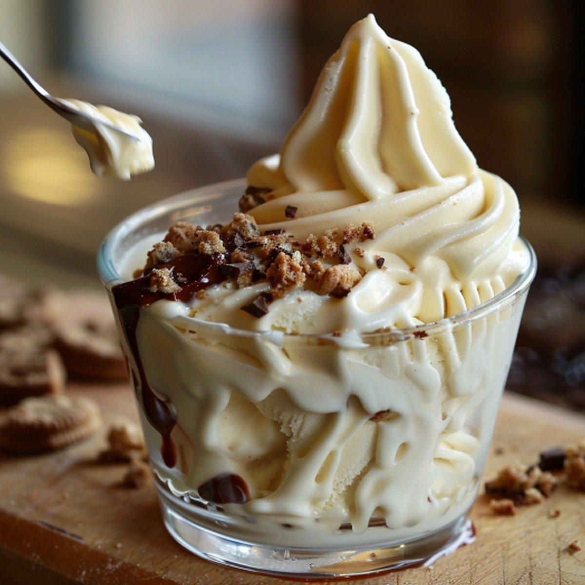 Close-up of creamy vanilla soft serve with a spoon spreading the thick texture in a glass cup
