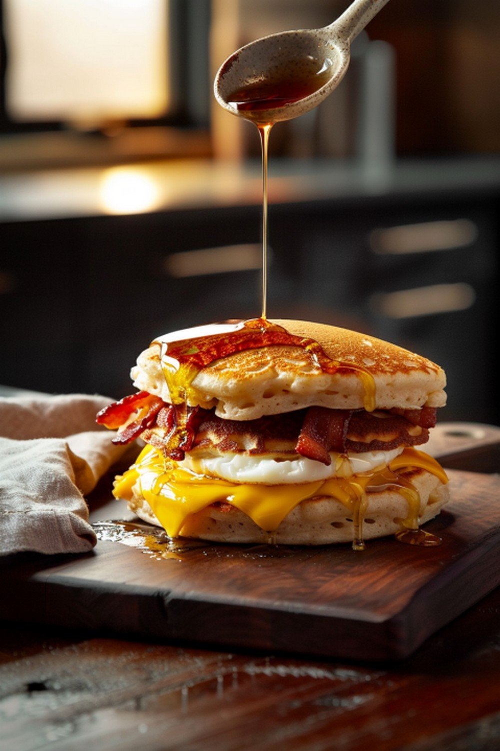 Golden maple syrup drizzling from a spoon onto an open McGriddle breakfast sandwich
