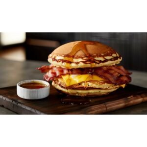 Homemade McGriddle breakfast sandwich with maple pancake bun, bacon, egg and cheese