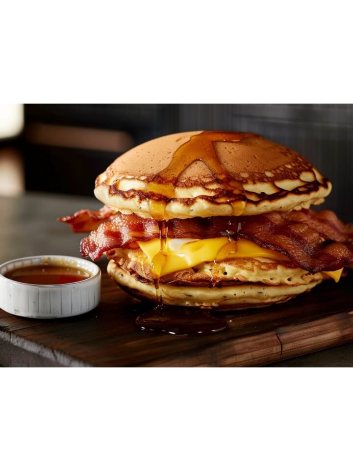 Homemade McGriddle breakfast sandwich with maple pancake bun, bacon, egg and cheese