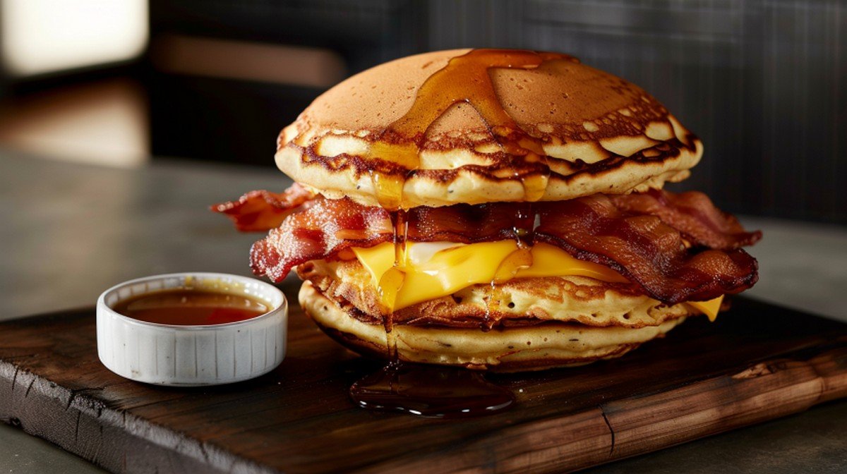 Homemade McGriddle breakfast sandwich with maple pancake bun, bacon, egg and cheese
