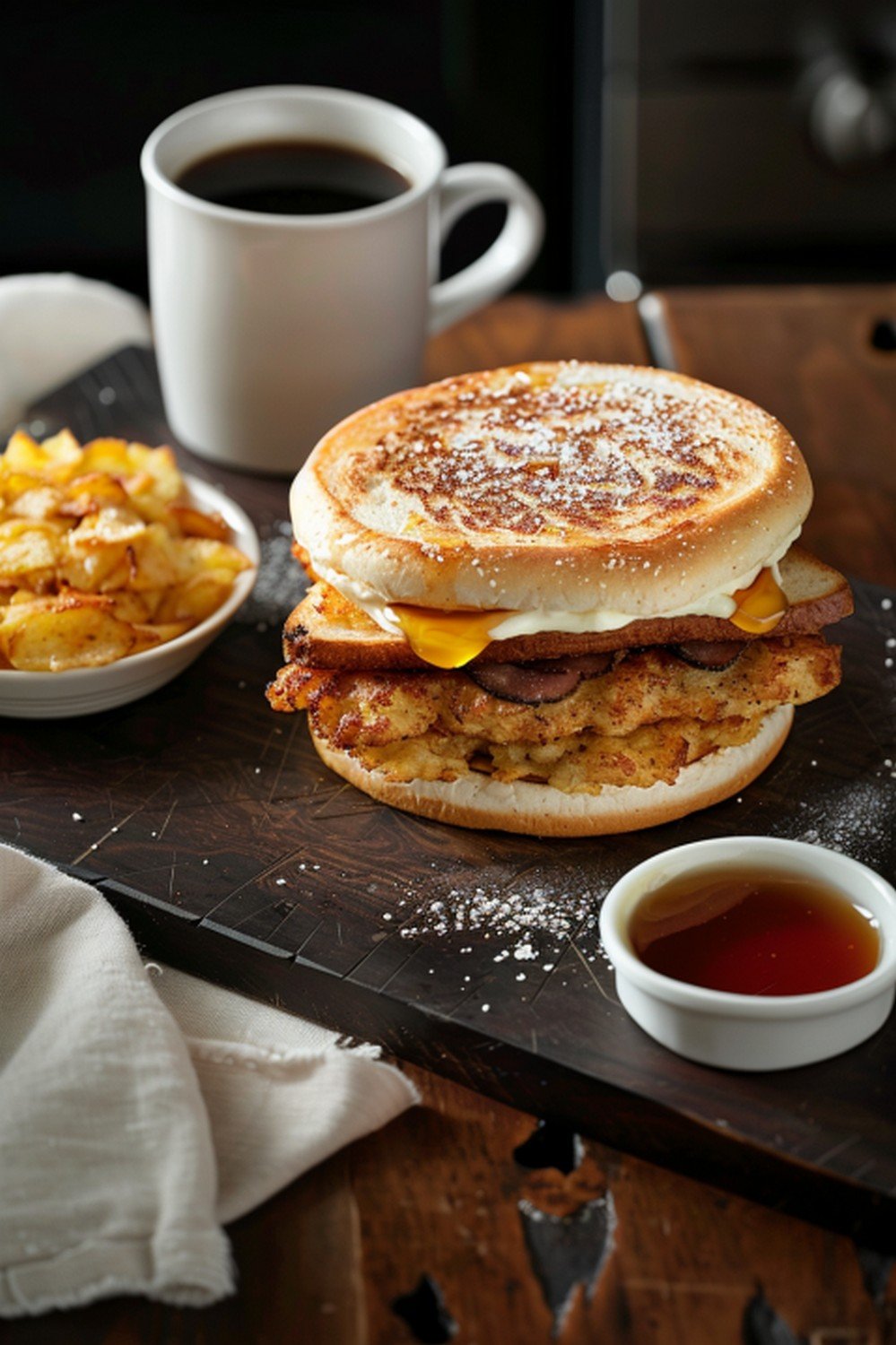 Cozy weekend breakfast with McGriddle sandwich, maple syrup, hash browns and coffee mug

