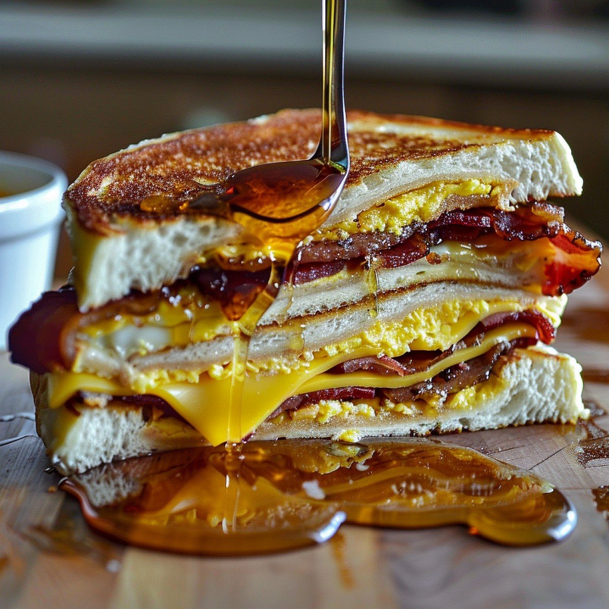 Cross-section of a McGriddle sandwich showing melting maple syrup pockets and crispy bacon

