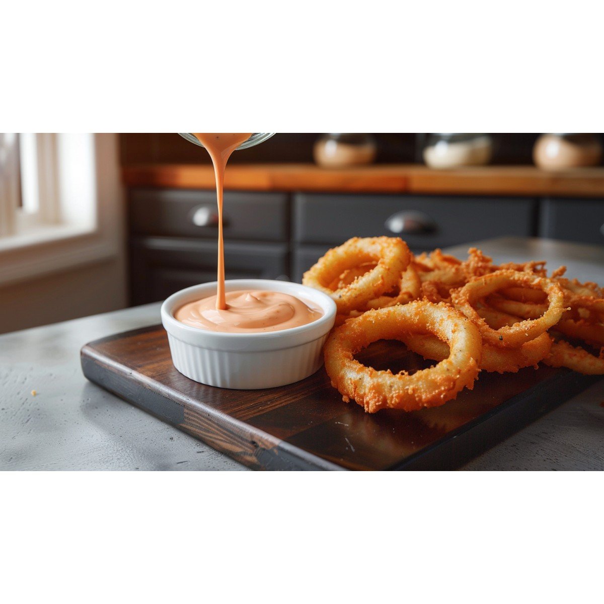 Outback Bloomin Onion Sauce copycat recipe — pale creamy orange-pink horseradish dipping sauce with crispy onion rings
