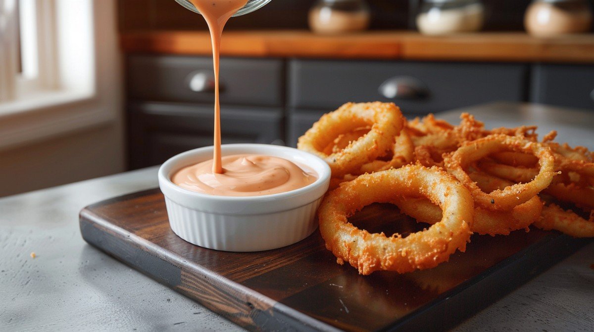 Outback Bloomin Onion Sauce copycat recipe — pale creamy orange-pink horseradish dipping sauce with crispy onion rings
