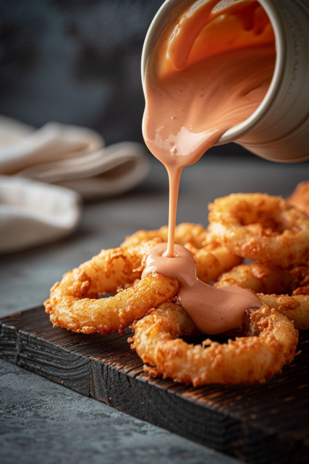 Pale creamy orange Outback sauce poured in glossy stream from small ceramic jar over crispy onion rings on dark wooden board
