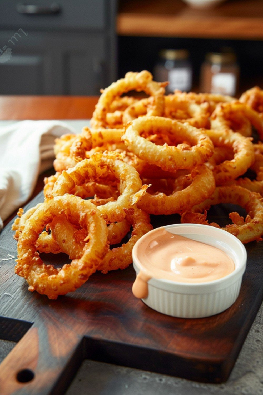 Homemade Outback Bloomin Onion Sauce with crispy onion rings on wooden board in warm home kitchen party lifestyle scene
