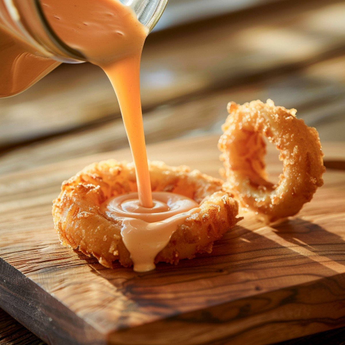 Close-up of pale creamy orange-pink Outback dipping sauce poured from small jar — thick glossy texture catching window light
