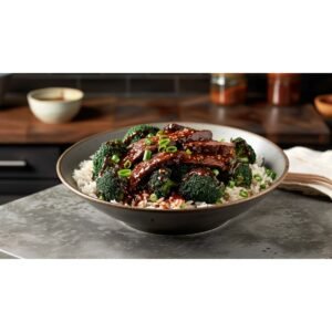 Dark oyster sauce glazed broccoli florets and beef over jasmine rice in white bowl on concrete countertop