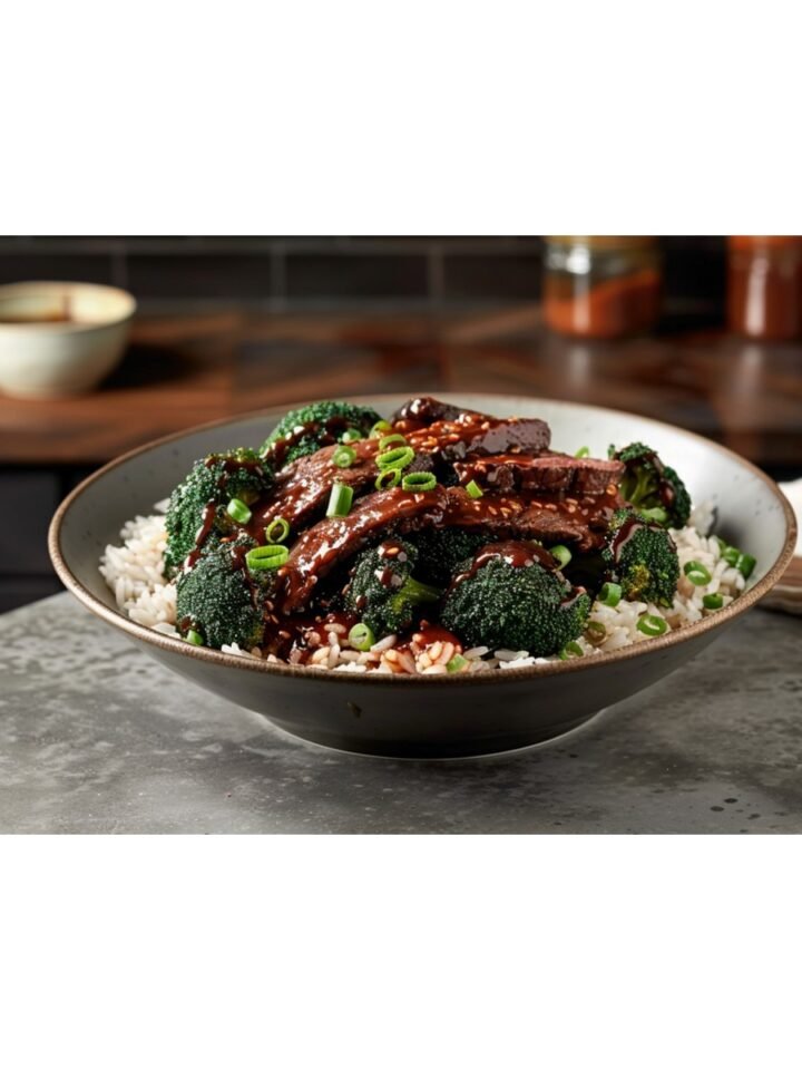 Dark oyster sauce glazed broccoli florets and beef over jasmine rice in white bowl on concrete countertop