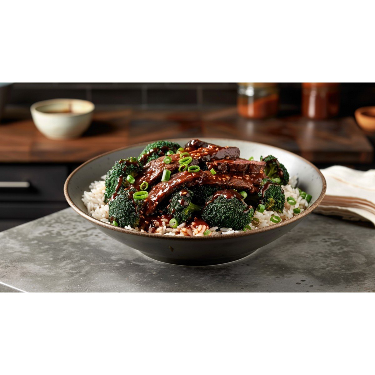 Dark oyster sauce glazed broccoli florets and beef over jasmine rice in white bowl on concrete countertop