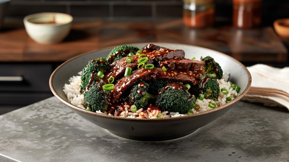 Dark oyster sauce glazed broccoli florets and beef over jasmine rice in white bowl on concrete countertop
