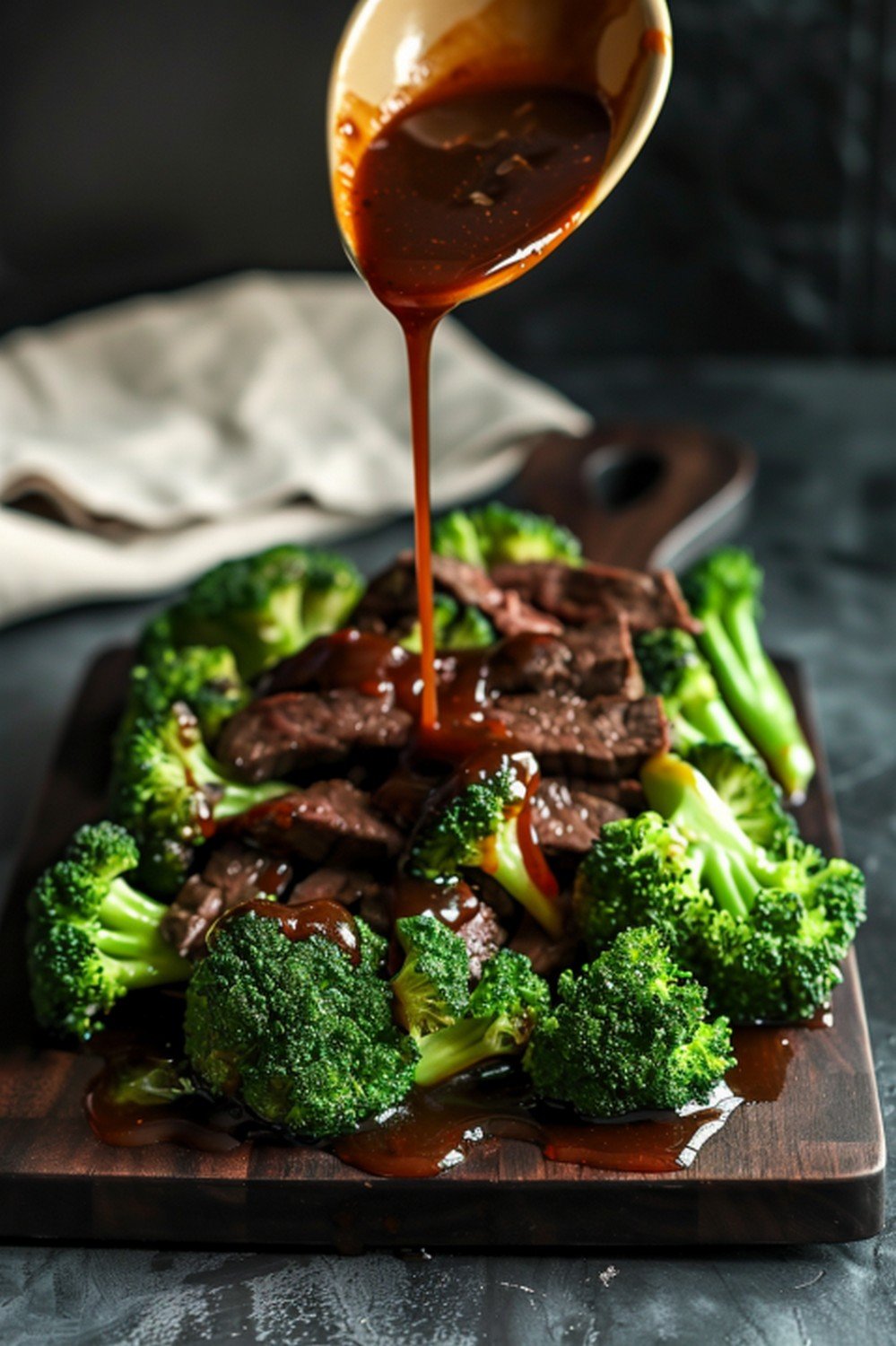 Oyster sauce drizzled from ceramic spoon over broccoli florets and beef strips on dark wooden board
