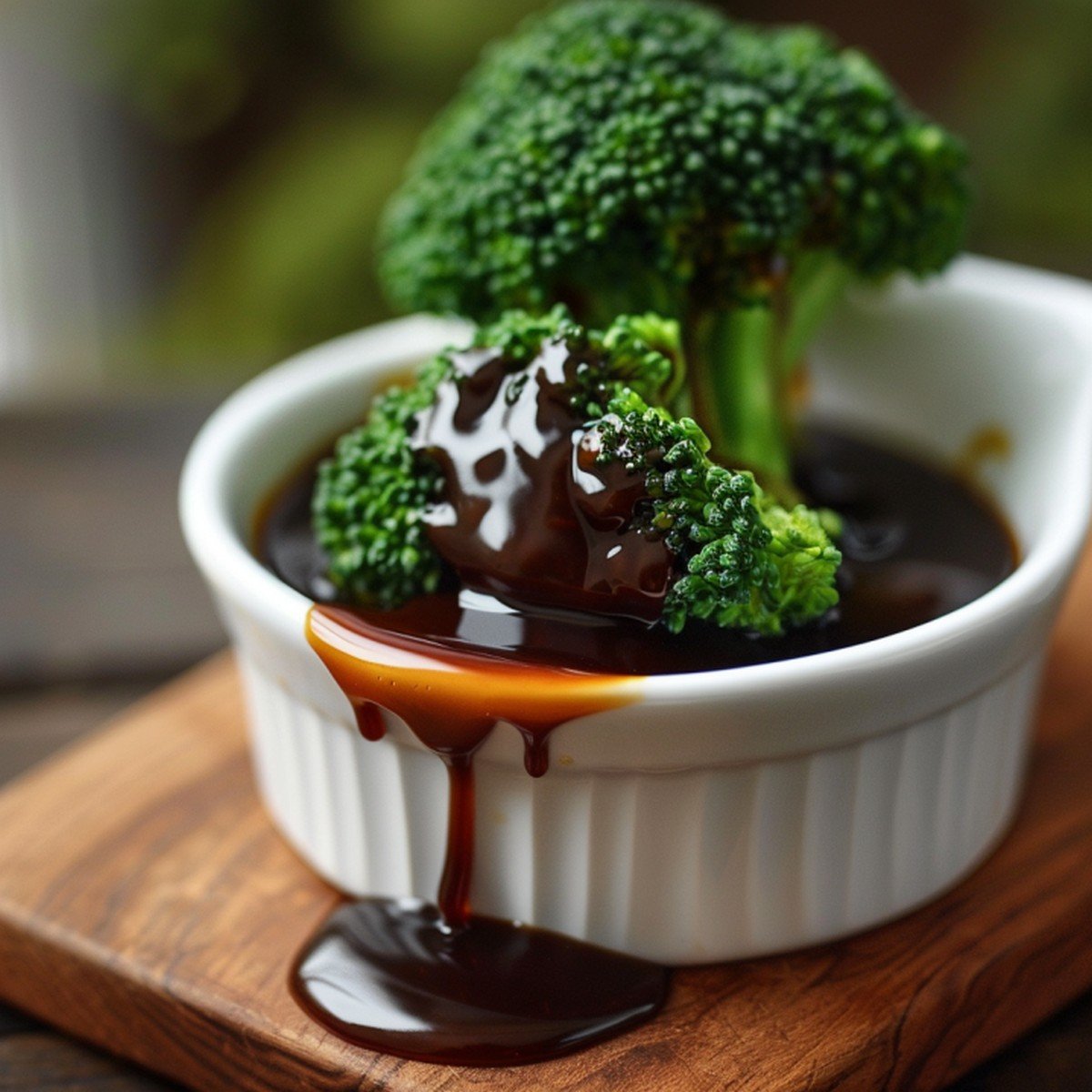 Dark mahogany oyster sauce dripping over bowl edge onto wooden board with glazed broccoli floret
