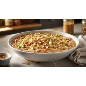 Creamy golden peanut stir fry sauce coating ramen noodles in white bowl with crushed peanuts on top