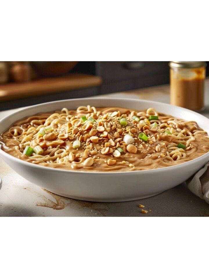 Creamy golden peanut stir fry sauce coating ramen noodles in white bowl with crushed peanuts on top