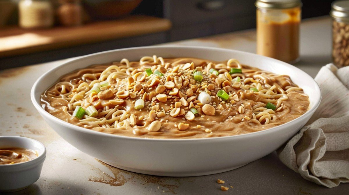 Creamy golden peanut stir fry sauce coating ramen noodles in white bowl with crushed peanuts on top
