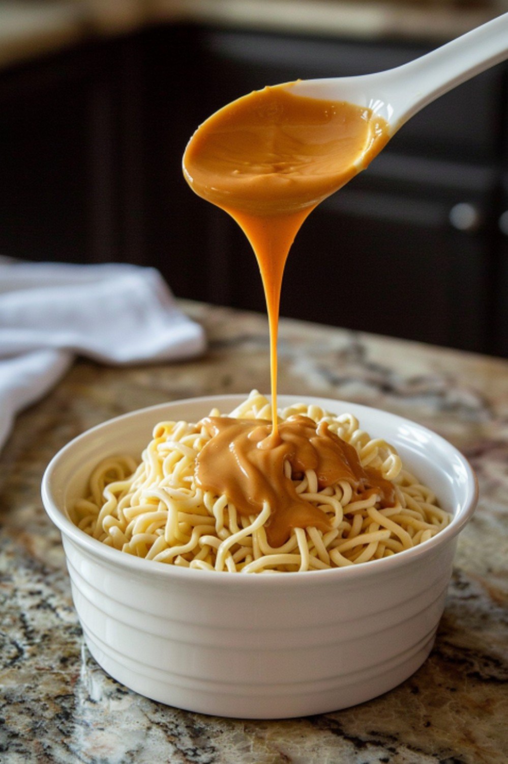 Creamy peanut sauce drizzled from ceramic spoon over peanut noodle bowl on stone countertop
