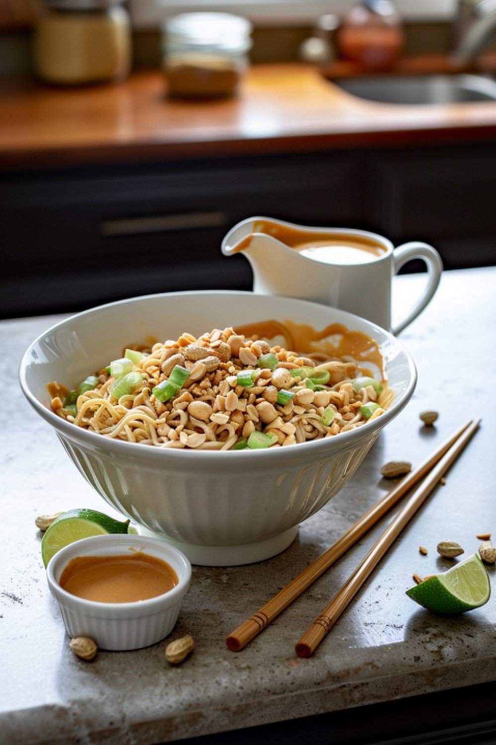 Peanut noodle bowl with creamy golden sauce ramekin lime wedge and chopsticks on stone counter
