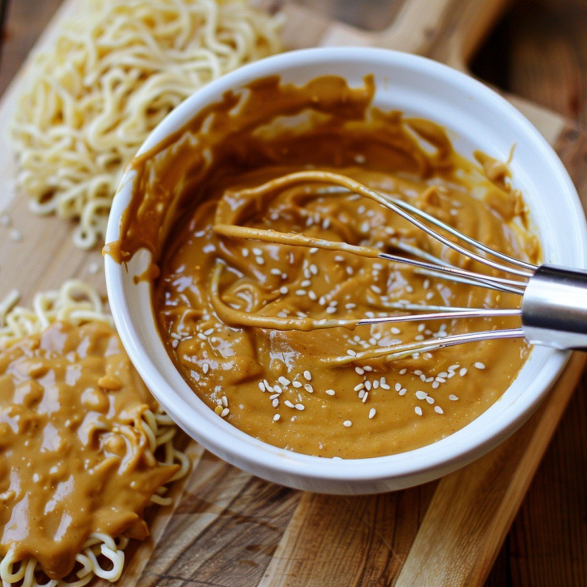 Whisk coated in thick creamy golden-tan peanut sauce with noodles on wooden board beside bowl
