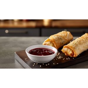 Glossy homemade plum sauce in white dipping bowl with crispy spring rolls