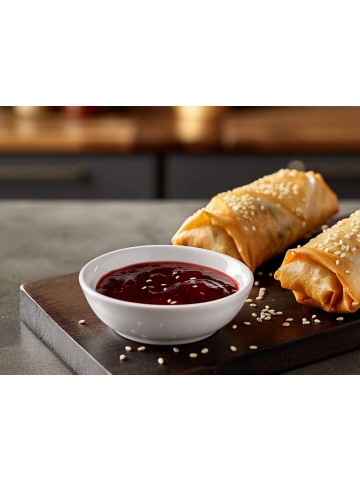 Glossy homemade plum sauce in white dipping bowl with crispy spring rolls