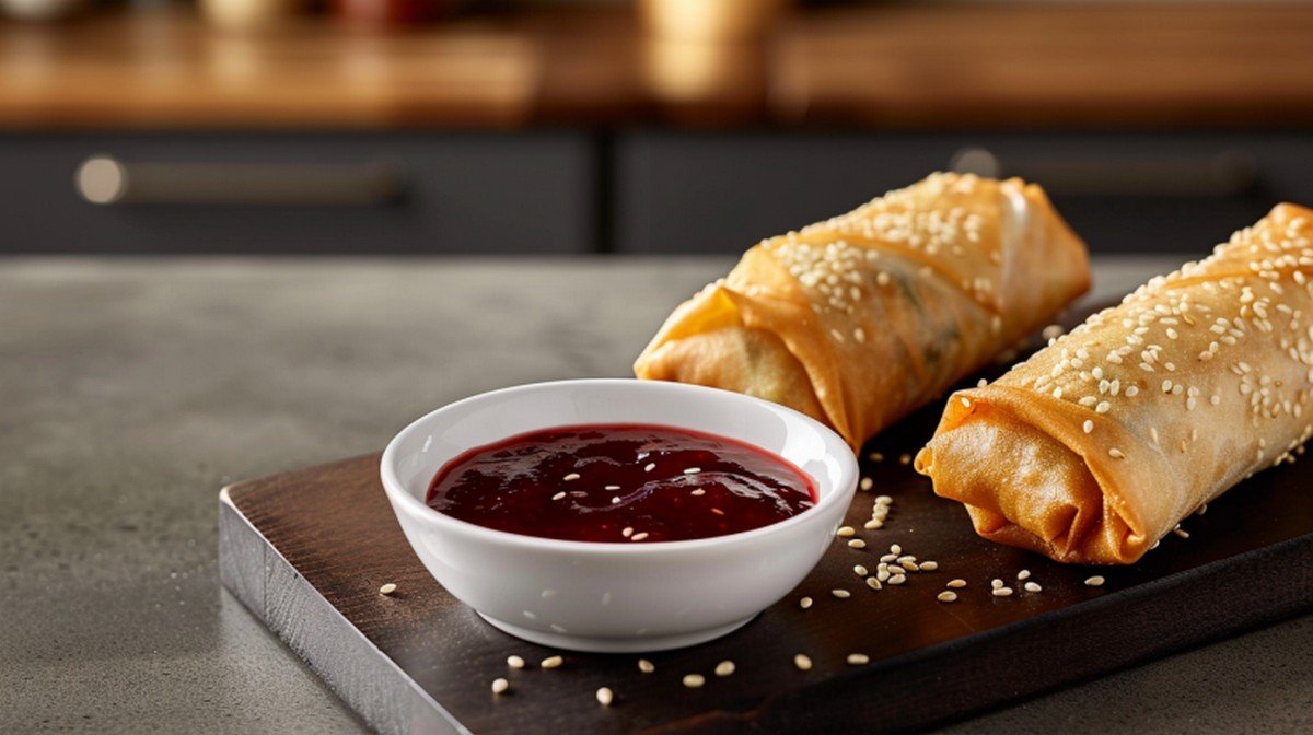 Glossy homemade plum sauce in white dipping bowl with crispy spring rolls
