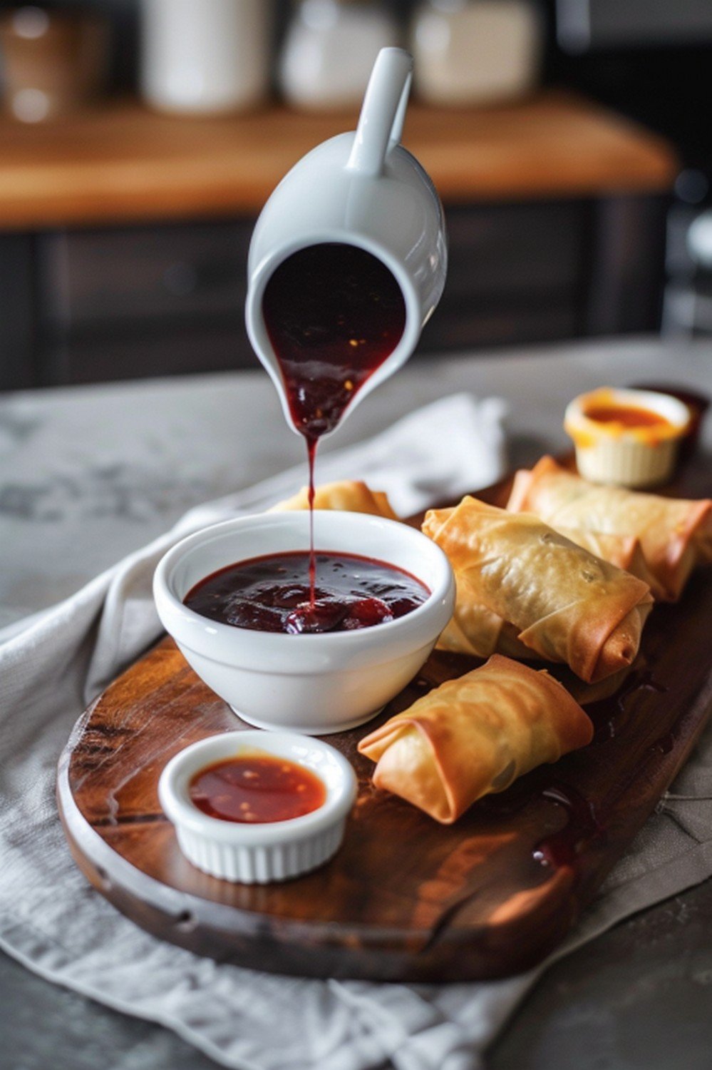 Homemade plum sauce poured over crispy spring rolls on dark wooden board