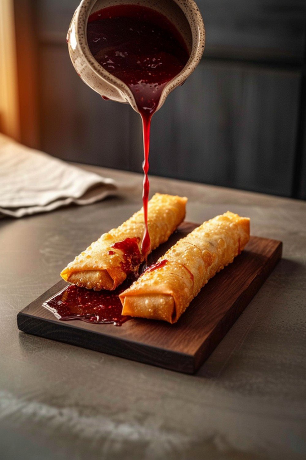 Asian dipping sauce spread with plum sauce and crispy spring rolls on board