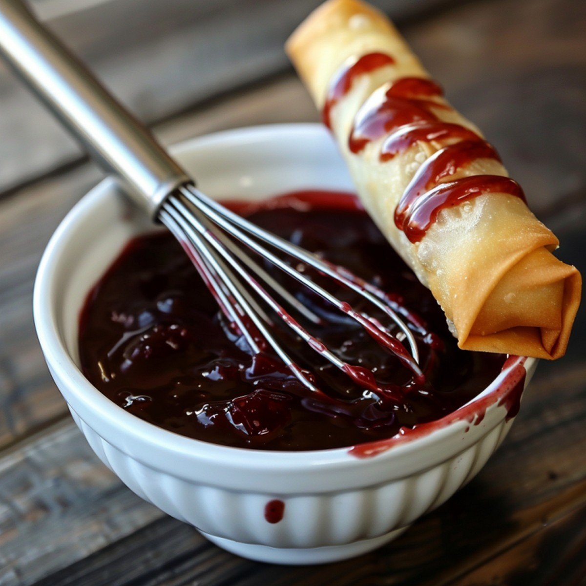 Close-up of smooth glossy plum sauce coating in white ceramic bowl