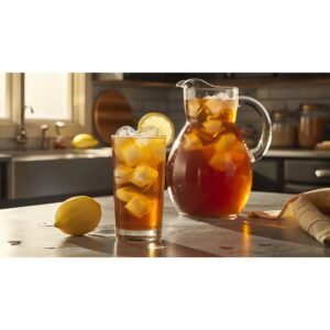 Raising Cane's Sweet Tea copycat recipe — clear deep amber sweet tea with ice in tall glass beside glass gallon pitcher