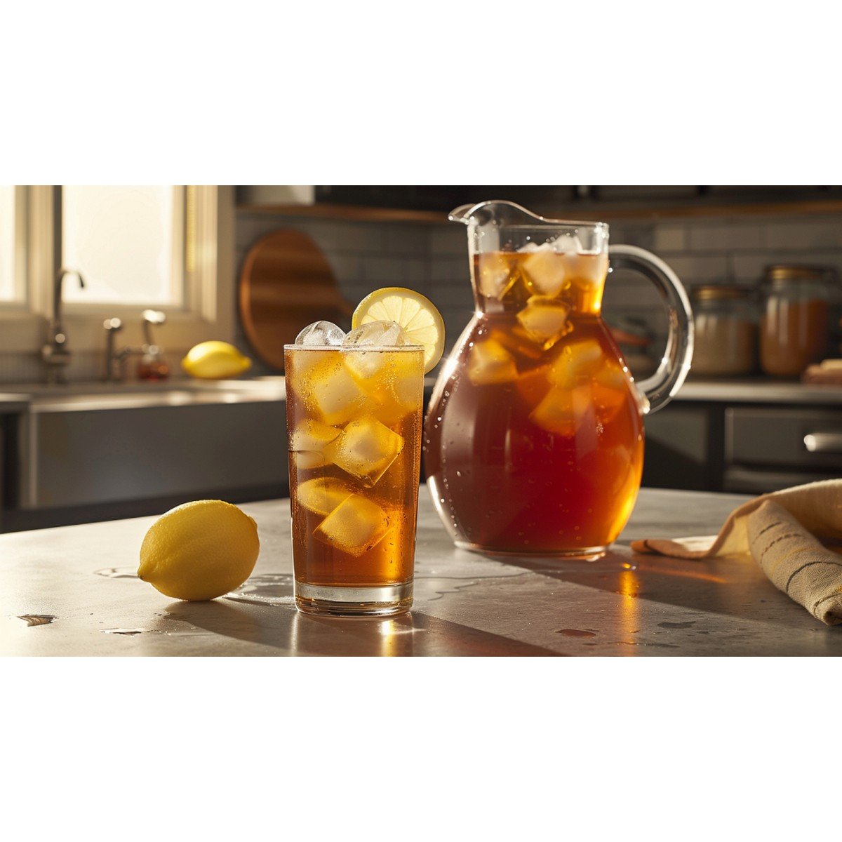 Raising Cane's Sweet Tea copycat recipe — clear deep amber sweet tea with ice in tall glass beside glass gallon pitcher