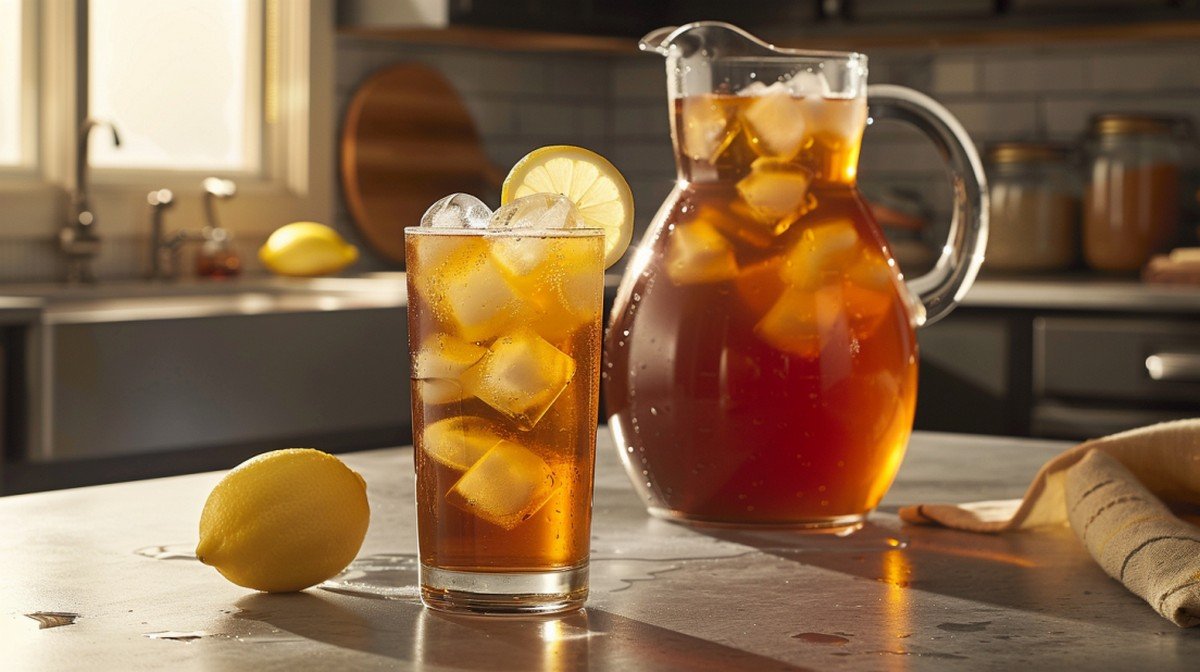 Raising Cane's Sweet Tea copycat recipe — clear deep amber sweet tea with ice in tall glass beside glass gallon pitcher
