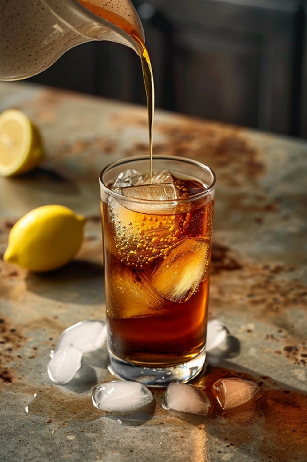 Pale golden simple syrup poured in slow glossy stream from ceramic pitcher over tall glass of deep amber sweet tea with ice
